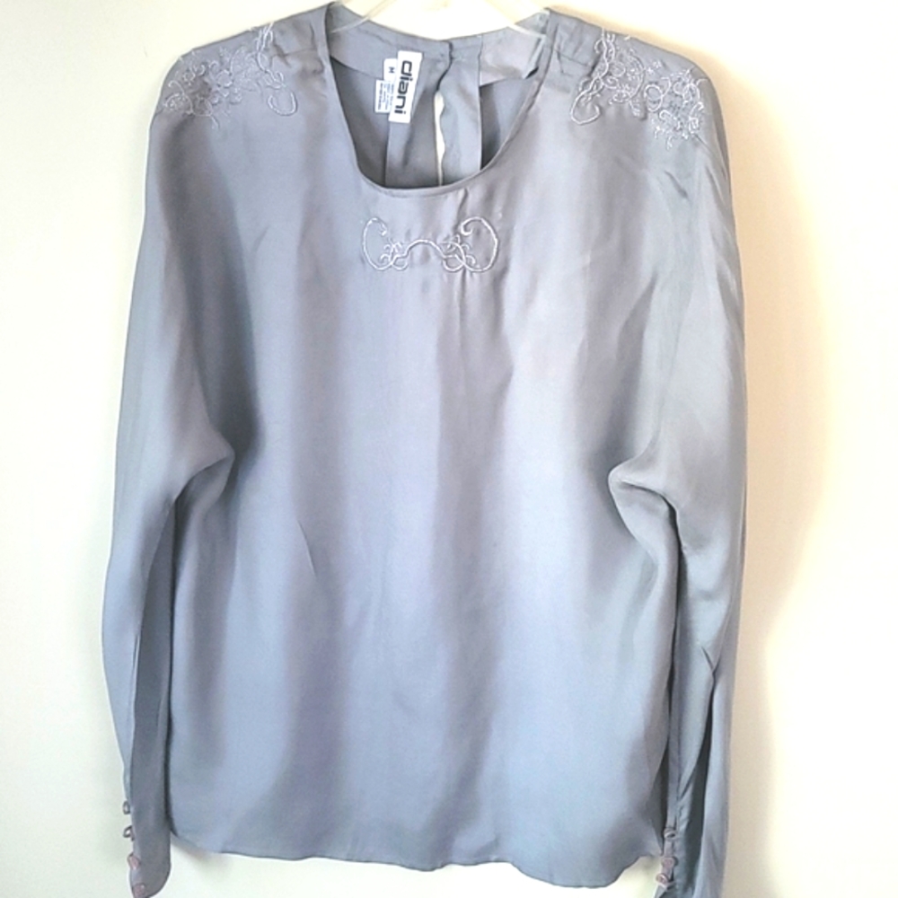 Vintage Diani Blouse Long Sleeve 100% silk Embroidered Neck and  shoulders. SZ M
